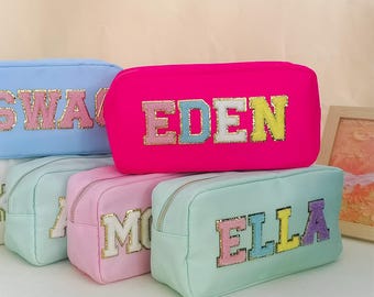 Personalized Large Makeup Bag , Monogrammed Toiletry Bag,Custom Chenille Patch Nylon Pouch,  Cosmetic bag, Bridesmaid Gift