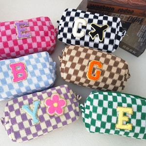Personalisierte Chenille Patch Karierte Kosmetiktasche | Custom Patch Make Up Beutel | Karo Make-up Tasche | Brautjungfer Geschenke | Personalisiertes Geschenk