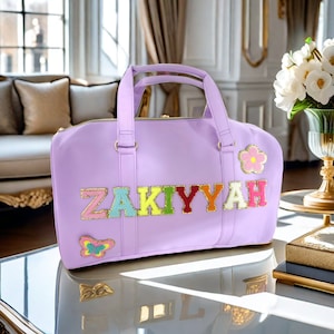 Bolsa de lona con parches cosidos, bolsa de lona de nailon personalizada, parche de chenilla con letras, bolsa de viaje personalizada, bolsa de gimnasio, bolsa de lona personalizable