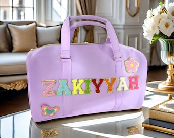 Duffle Bag Sewn Patches Personalized Nylon Duffle Bag Chenille Letter Patch Custom Overnight Bag Travel Weekend Gym Duffle Bag Customizable