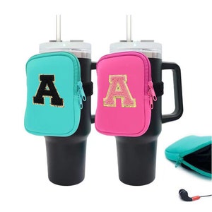 Cute Personalized Pouch compatible with Stanley Cup 30 20 & 40 oz cup with  handle. Comes with 40mm and 35mm Straw topper that fit snug- Accessories