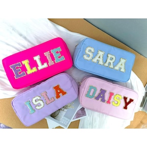 Personalized Nylon LARGE Cosmetic Bag | Chenille Letter Patch Makeup Bag | Customized Travel Bag | Bridesmaids Gifts | Patch Tote