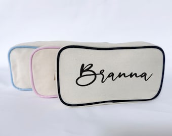 Borsa per il trucco personalizzata, Borsa da toilette con nome personalizzato, Custodia con cerniera regalo da damigella d'onore, 100% cotone, Kit di emergenza, Regalo di nozze/festa