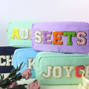 Personalized Nylon LARGE Cosmetic Bag Chenille Letter Patch Makeup Bag Customized Travel Bag Bridesmaids Gifts Patch Tote image 3
