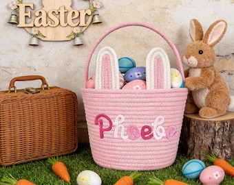 Custom Easter Basket with Name, With Baby Name Basket,Rope Cotton Baby Gift Basket,Hunt Basket,Baby Shower Gift,Bunny Basket,Newborn Gift