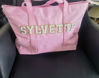 SEWN Personalized Large Tote Wedding Bag Beach Bag Chenille Patch Bag Travel Bag Heat Pressed Nylon Travel Duffle Bag