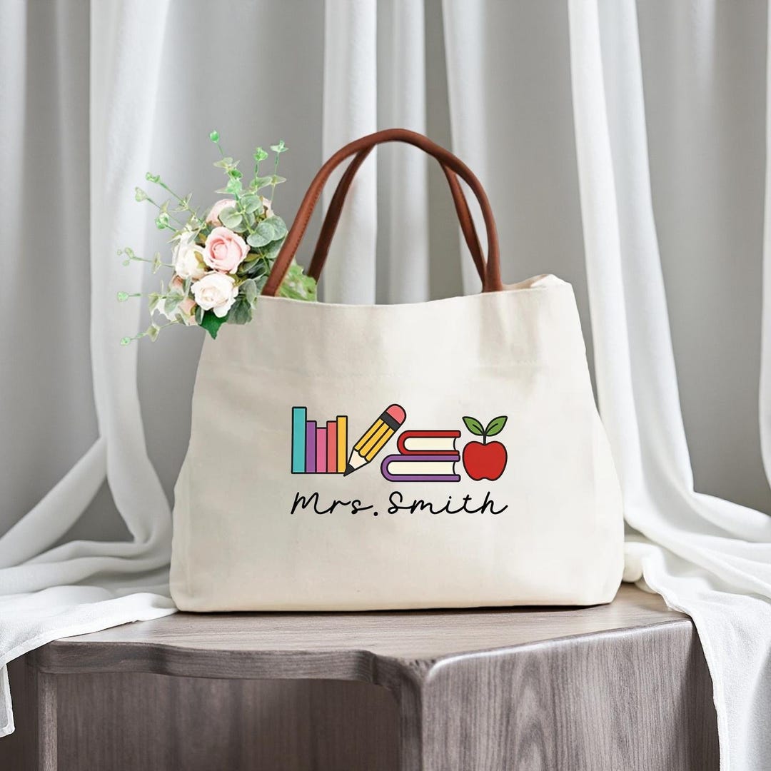 Personalized Teacher Name Tote Bag, Leather Handle Tote Bag，custom ...