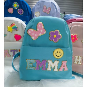 Sac à dos personnalisé bleu lac pour fille d'âge préscolaire avec joli patch en chenille en chenille, sac de danse pour la maternelle, meilleur cadeau cousu