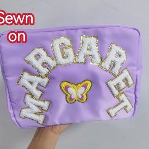 Bolsa de cosméticos de nailon - Bolsas de maquillaje de nailon Personalizables con purpurina Varsity Letter Parches iniciales Parches de bolsa de nailon - Regalo de dama de honor