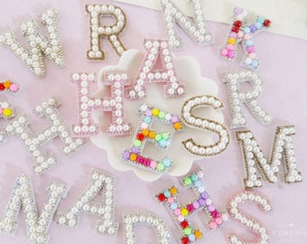 White Pearl and Rhinestone Letter Patches, Personalized Patch ,Custom Patches ,Letters for Jean Jackets,Iridescent Rhinestone Letter Patches