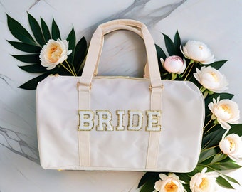Personalized Bridal Duffle Bag: Sewn Glitter Varsity Patches