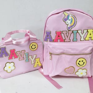 Mochila con parches cosidos, mochila de nailon personalizada con parche de chenilla y letras, mochila escolar personalizada, lonchera para niños para el regreso a la escuela, bolsa para el almuerzo