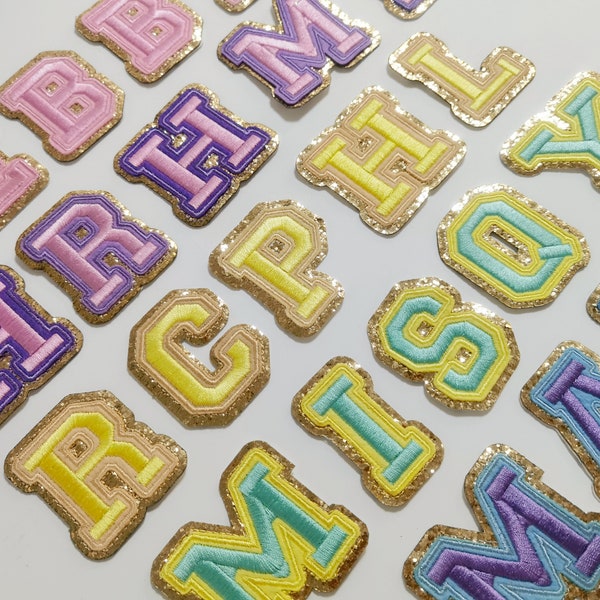 Embroidery Letter Patches- Self-adhesive Letter Patch Alphabet DIY Patch Gold Glitter Trim Varsity Letter Nylon Pouch cosmetic Bag DIY