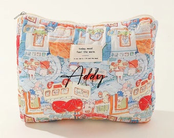 Simple Practical Flowe/Large Capacityr Makeup Bag,Cute Floral Letters Pattern Quilted Cotton Large Nappy Bag,Minimalist /Toiletry Organizer