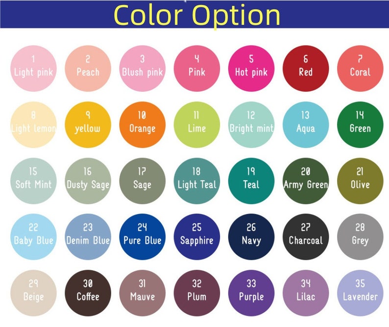 Pu&ograve; includere: Tabella colori con 35 diversi campioni di colore, numerati da 1 a 35. Ogni campione ha un nome sotto, come Rosa chiaro, Pesca, Rosa tenue, Rosa, Rosa acceso, Rosso, Corallo, Giallo chiaro, Giallo, Arancione, Lime, Verde menta, Acqua, Verde, Menta dolce, Salvia polverosa, Salvia, Azzurro chiaro, Turchese, Verde militare, Oliva, Azzurro, Blu denim, Blu puro, Zaffiro, Blu navy, Antracite, Grigio, Beige, Caff&egrave;, Malva, Prugna, Viola, Lilla, Lavanda.