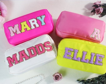 Personalized Nylon LARGE Cosmetic Bag | Chenille Letter Patch Makeup Bag | Customized Travel Bag | Bridesmaids Gifts | Patch Tote