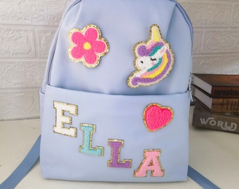 Petit sac à dos personnalisé en nylon pour fille et garçon d'âge préscolaire avec joli patch en chenille en chenille pour la maternelle, meilleur cadeau