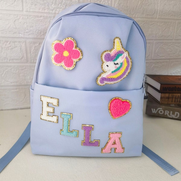 Petit sac à dos personnalisé en nylon pour fille et garçon d'âge préscolaire avec joli patch en chenille en chenille pour la maternelle, meilleur cadeau