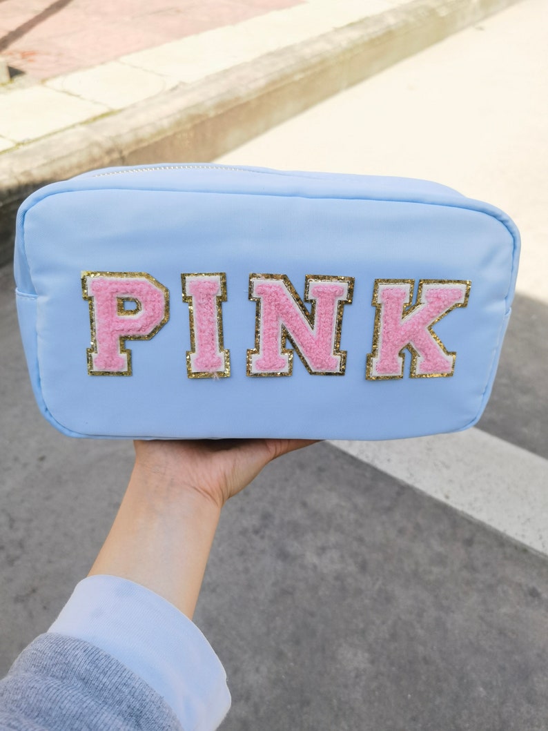 Personalized Nylon LARGE Cosmetic Bag Chenille Letter Patch Makeup Bag Customized Travel Bag Bridesmaids Gifts Patch Tote image 6