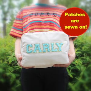 XL cadeau de demoiselle d'honneur personnalisé trousse de maquillage patch chenille, pochette en nylon, sacs pour patchs, trousses de toilette, étuis de voyage d'été grand cadeau