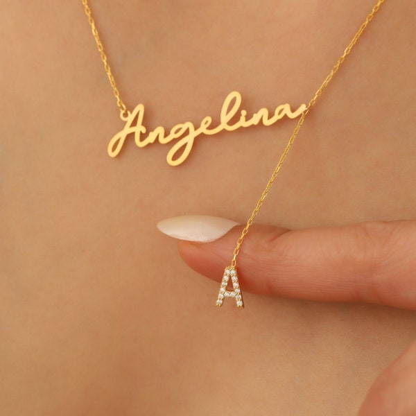 Name and Dangling Initial Gold Necklace, Lariat 14k Gold Plated Pendant, Y Necklace Pave Name On Initial, Gold Name Necklace, Dainty Jewelry