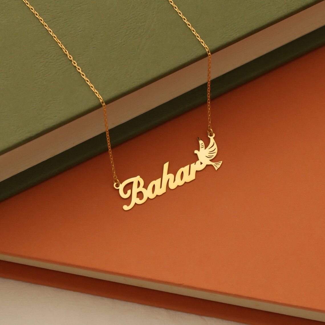 Handwriting Name and Bird Necklace, Pigeon 14K Gold Custom Name