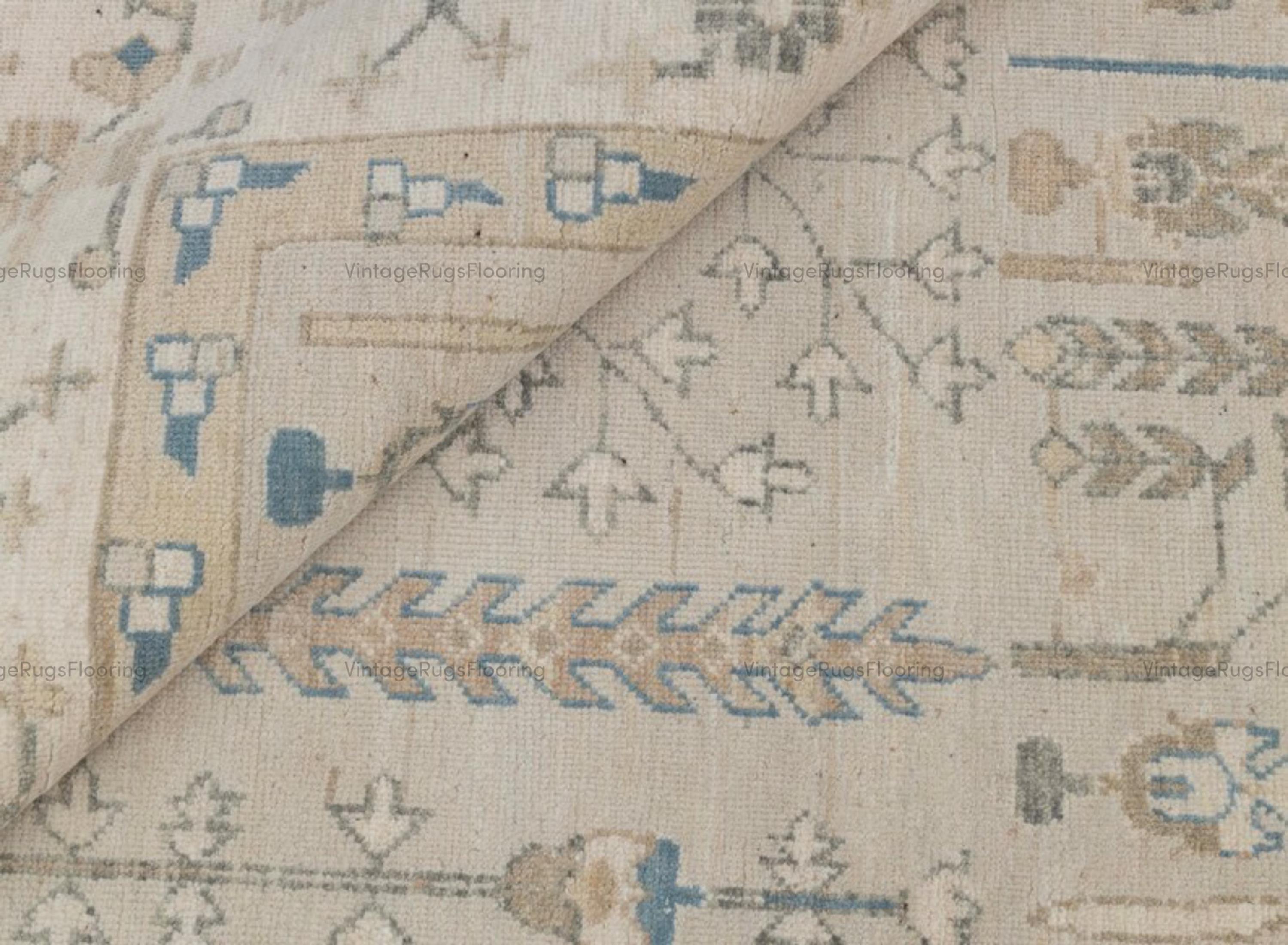 Hand Knotted Wool Oushak Rug: Grey Ivory Tree of Life Design