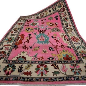 Pink Oushak Rug 8x10: Hand-Knotted Wool, Multicolor Contemporary Design