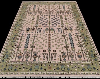 Hand-Knotted Wool Rug: Soft Pink & Green Tree of Life Oushak Style