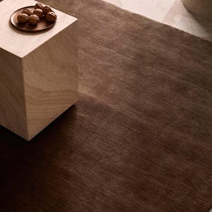 May include: A brown rectangular rug with a textured surface. A wooden cube table is in the upper left corner, with a small copper plate holding several walnuts. The rug is a dark brown color.