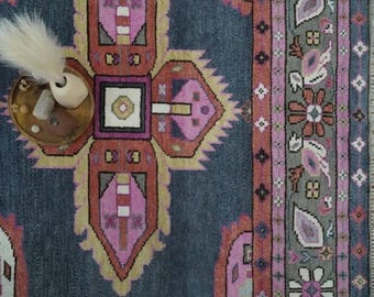 Navy Area Rug 9x12, Modern Oushak Rug Traditional Design, 12×15 Handmade Turkish Wool Rug For Bedroom, Green Orange Rug 8x10