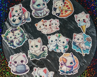 Kawaii White Cat Stickers: Waterproof Kitten Laptop Decals (12-Piece Set)