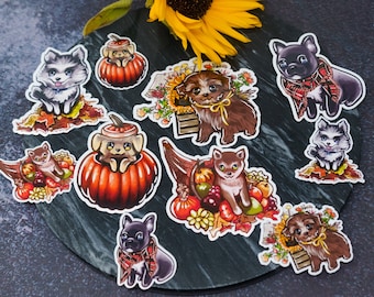 Autumn Puppy Sticker Pack: Waterproof Fall Dog Stickers