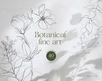 Botanical line art, Botanical leaves illustrations, Clipart digital flower print, Floral elements, Spring flowers clipart, Leaf clip art