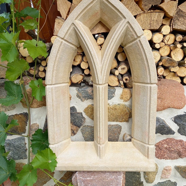 Gothic window, garden ruin, ruin window, chapel, art sandstone, cast stone arched window, Middle Ages, relief, facade decoration, stucco