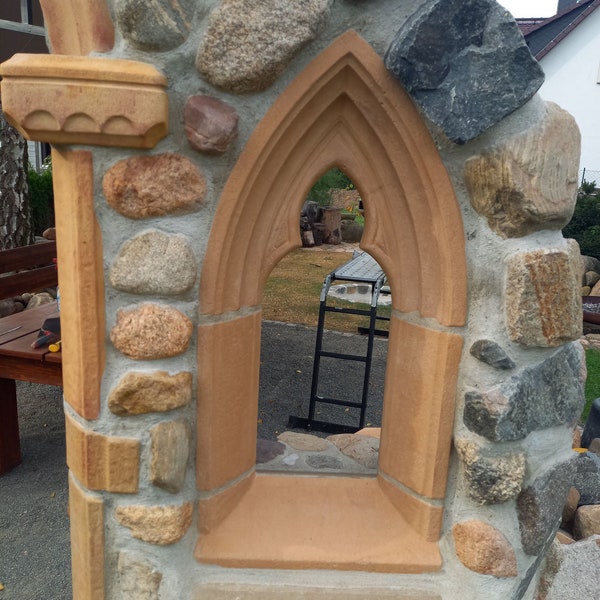 gothic window, gothic arch, gothic garden folly, garden ruins, art sandstone, cast stone, arched window, castle window, sculptur, medieval