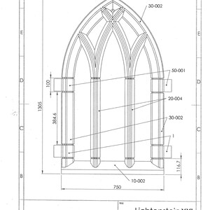 May include: Line drawing blueprint of a triple arched window with measurements in inches. The drawing is titled "Lichtenstein XXL W006" and is designed by Wolfram Pudszuhn, Wolfssteine.