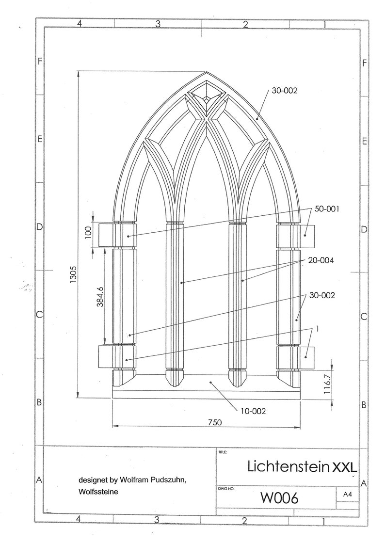 May include: Line drawing blueprint of a triple arched window with measurements in inches. The drawing is titled "Lichtenstein XXL W006" and is designed by Wolfram Pudszuhn, Wolfssteine.