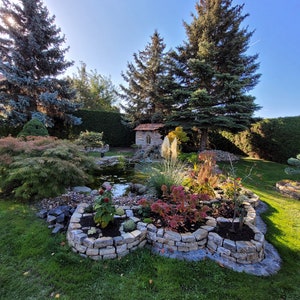 May include: A garden landscape featuring a stone-walled pond with tiered flower beds, various shrubs, and tall evergreen trees. A small stone structure with a tiled roof sits near the water, surrounded by green grass and rocky borders.