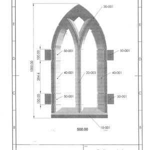 May include: A technical drawing of a window design with measurements in inches. The drawing shows a large arched window with multiple panes. The title of the drawing is "Falkenstein XXL" and the drawing number is "W003".