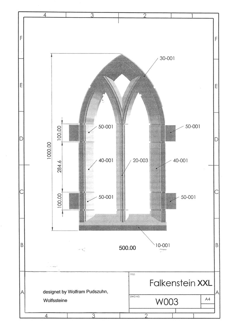 May include: A technical drawing of a window design with measurements in inches. The drawing shows a large arched window with multiple panes. The title of the drawing is "Falkenstein XXL" and the drawing number is "W003".