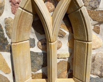 Gothic window, garden ruin, ruin window, chapel, art sandstone, cast stone arched window, Middle Ages, relief, facade decoration, stucco