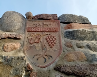 May include: A stone emblem with the words "IN VITE VITA" is set into a stone wall. The emblem features a grape vine design with a cluster of grapes and a leaf. The wall is made of various sized stones.