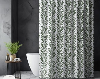 Botanical Leaf Shower Curtain Minimalistic Cottagecore Bath Mat and Curtain Set Green Shower Curtain