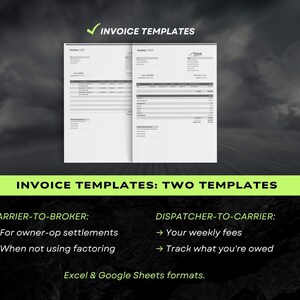Może przedstawiać: Dwa szablony faktur na białym tle z tekstem "INVOICE TEMPLATES" u g&oacute;ry. Szablony są przeznaczone dla przewoźnik&oacute;w-broker&oacute;w i dyspozytor&oacute;w-przewoźnik&oacute;w. Dostępne w formatach Excel i Google Sheets.