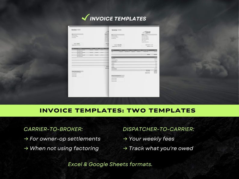 Może przedstawiać: Dwa szablony faktur na białym tle z tekstem "INVOICE TEMPLATES" u g&oacute;ry. Szablony są przeznaczone dla przewoźnik&oacute;w-broker&oacute;w i dyspozytor&oacute;w-przewoźnik&oacute;w. Dostępne w formatach Excel i Google Sheets.