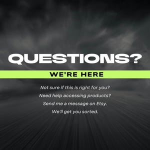 Może przedstawiać: Obraz z tekstem "QUESTIONS? WE'RE HERE". Dodatkowy tekst brzmi: "Nie jesteś pewien, czy to dla Ciebie? Potrzebujesz pomocy w dostępie do produkt&oacute;w? Wyślij mi wiadomość na Etsy. Zajmiemy się tym."