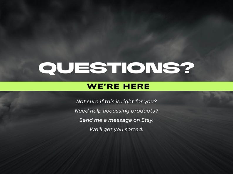 Może przedstawiać: Obraz z tekstem "QUESTIONS? WE'RE HERE". Dodatkowy tekst brzmi: "Nie jesteś pewien, czy to dla Ciebie? Potrzebujesz pomocy w dostępie do produkt&oacute;w? Wyślij mi wiadomość na Etsy. Zajmiemy się tym."