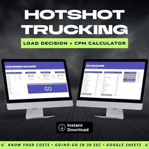 Hotshot lastbeslutskalkylator + CPM-kalkylator | Google Sheets | Go No-Go på 30 sekunder | Kostnad per mil | Verktyg för ägare/förare/lastbilar