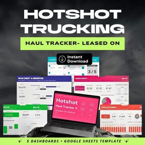 May include: A laptop screen shows a "Hotshot Haul Tracker" dashboard, with four other dashboards around it. The image includes the text "Hotshot Trucking" and "Instant Download."